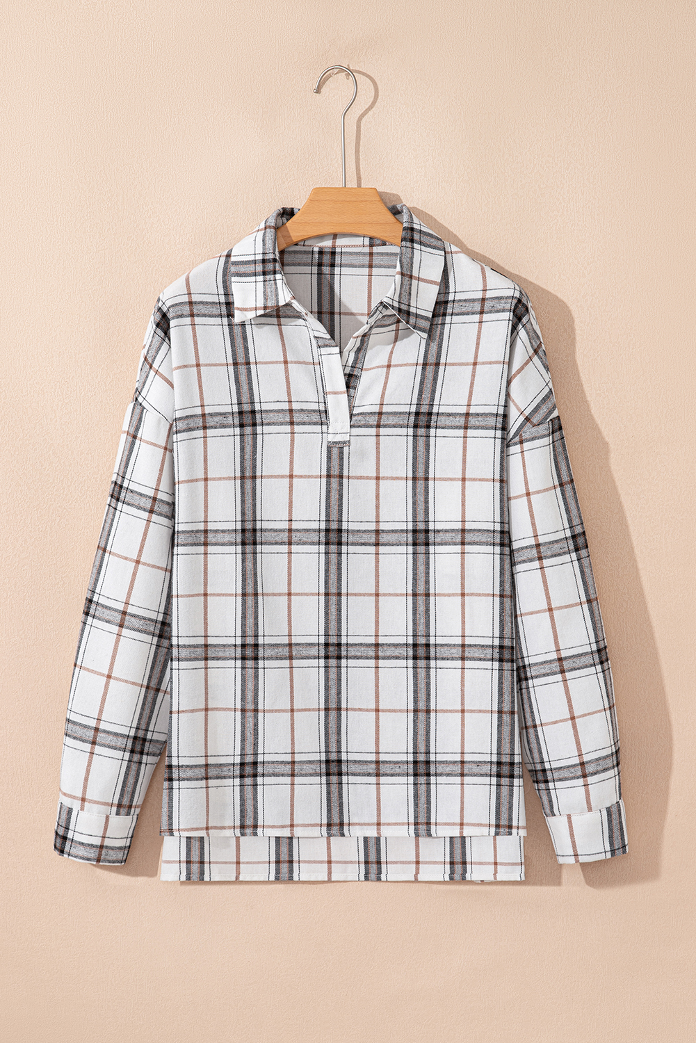 Red Plaid Print Collared V Neck Loose Blouse with Side Slits - loveforevers