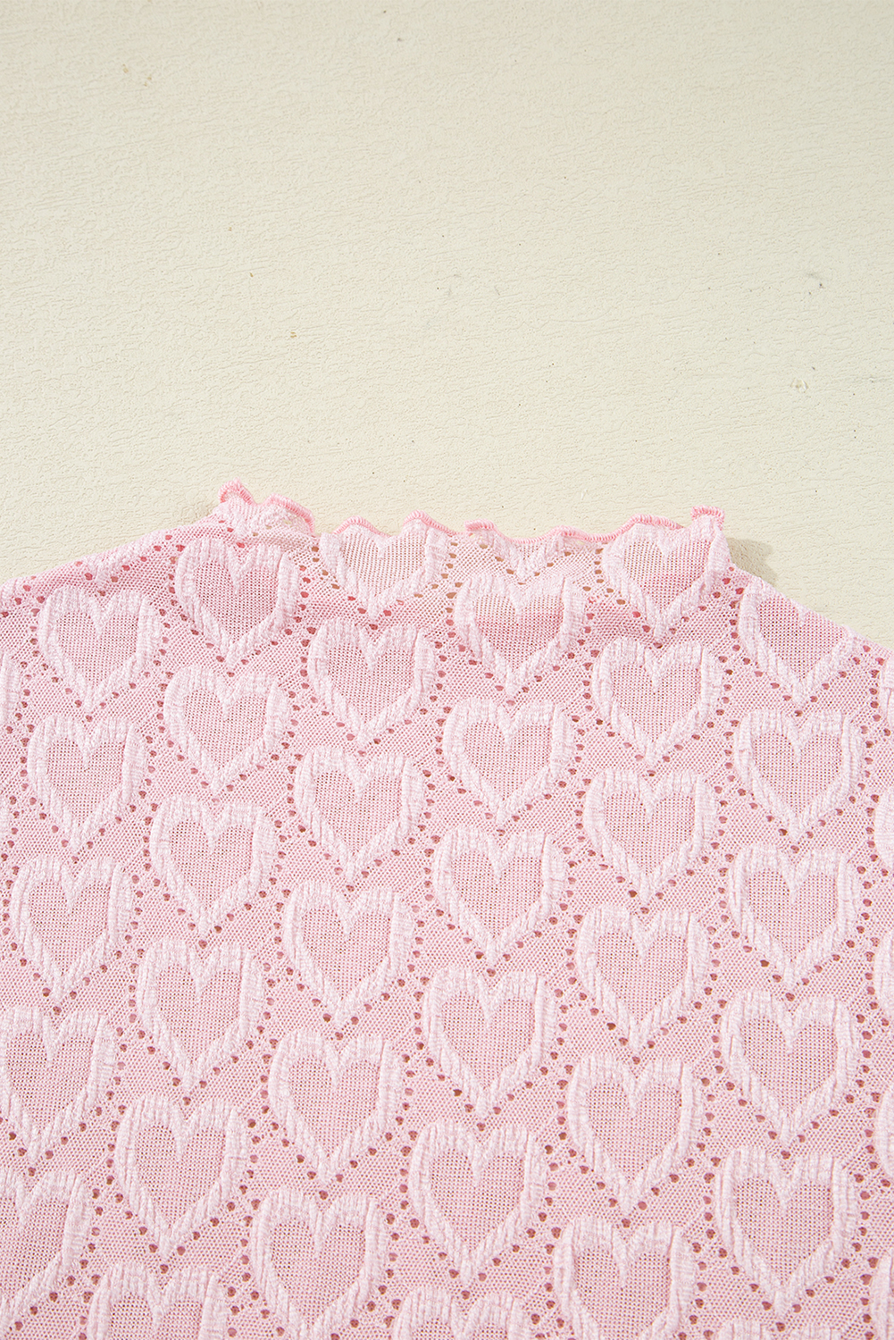 Gossamer Pink Heart Jacquard Flare Sleeve Mock Neck Fitted Top - loveforevers