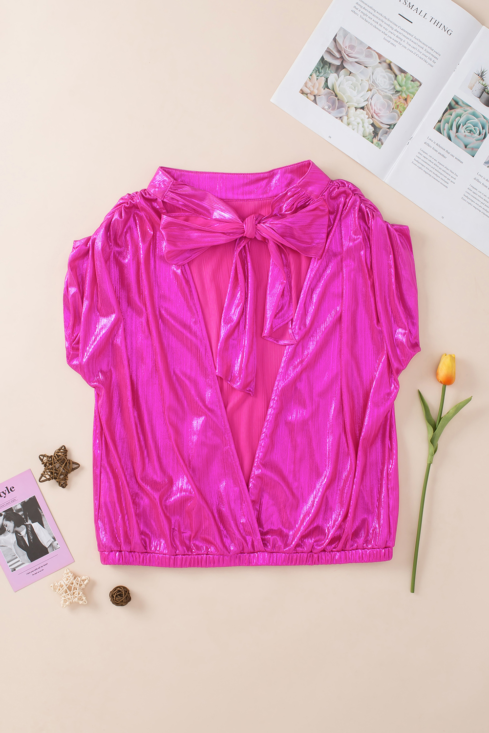 Bright Pink Ruched Sleeves Knotted Backless Blouse - loveforevers