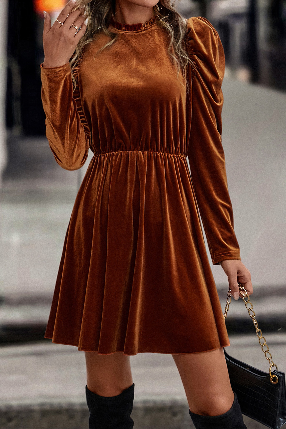 Chestnut Velvet Frilled Neck Gigot Sleeve Swing Dress - loveforevers
