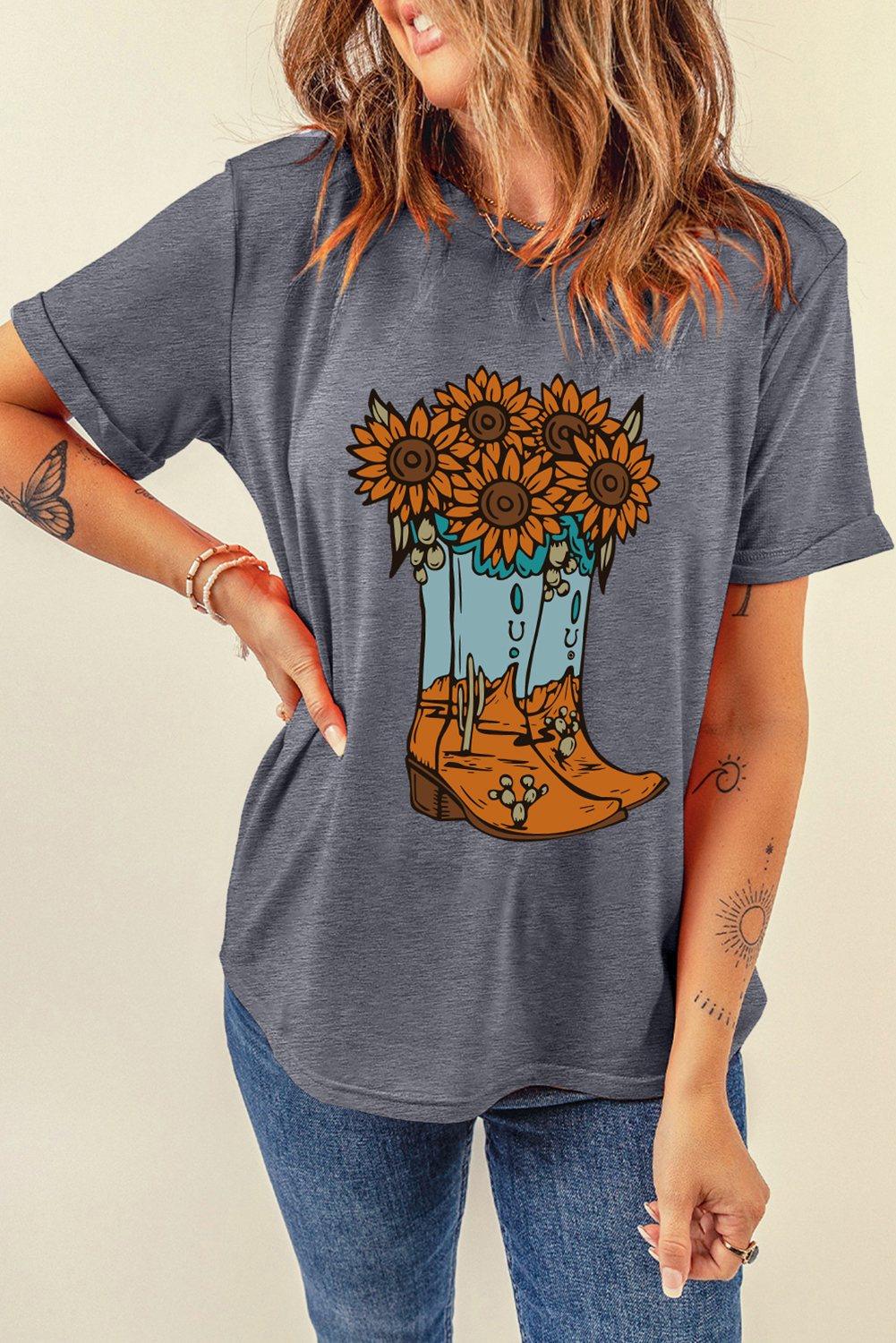 Gray Sunflower Cowgirl Boots Print Western Fashion T Shirt - loveforevers