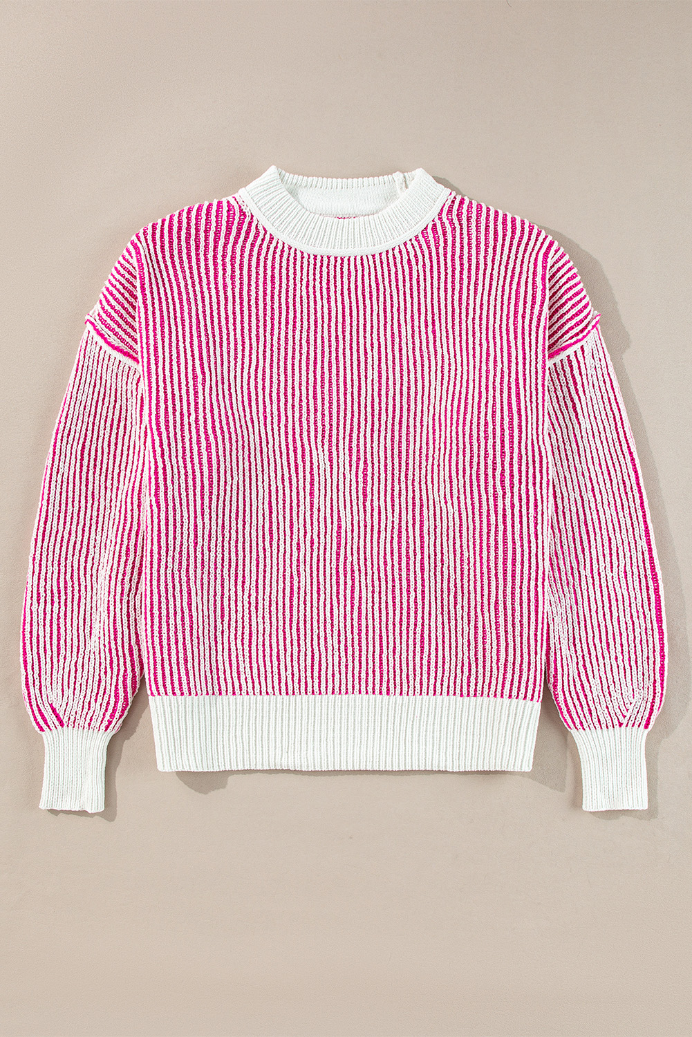 Bright Pink Striped Textured Knit Contrast Edge Loose Sweater - loveforevers