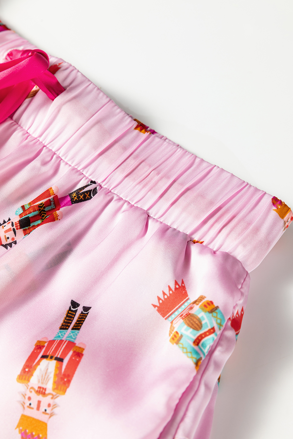 Pink Nutcracker Print Contrast Trim Tied up Bow Silky 2pcs Pajama Set - loveforevers