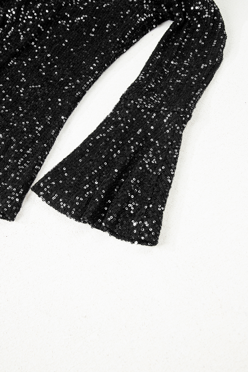 Jet Stream Sequin Mock Neck Drape Open Back Bell Sleeve Top - loveforevers