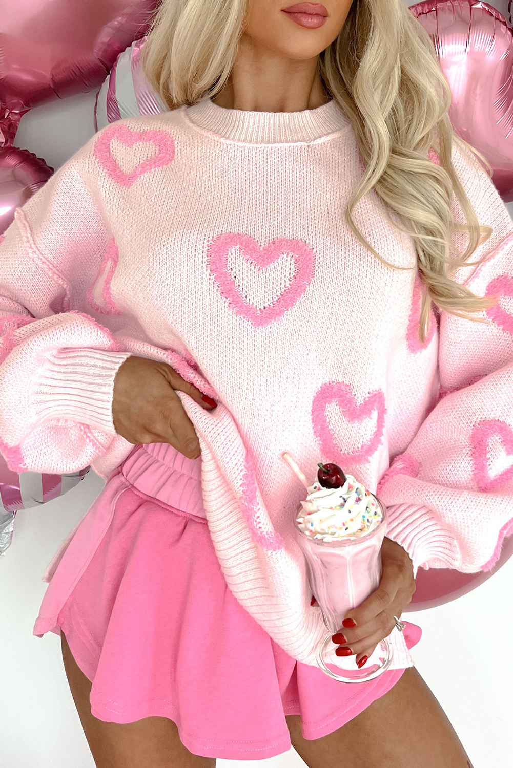 Pink Heart Shape Bubble Sleeve Baggy Sweater - loveforevers