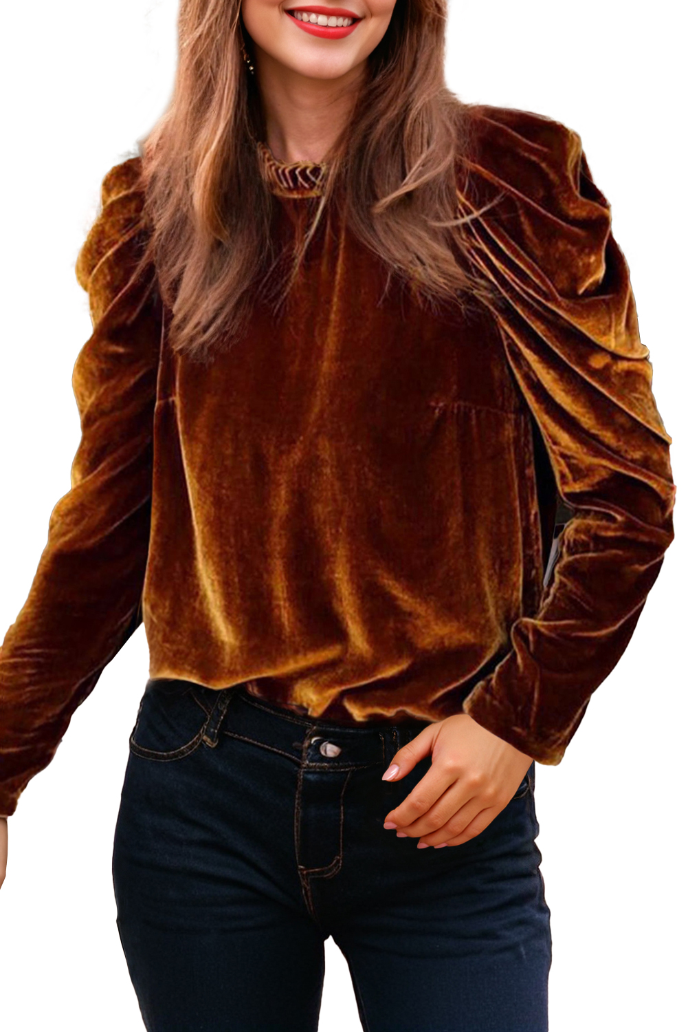 Chestnut Frilled Collar Puff Sleeve Velvet Top - loveforevers