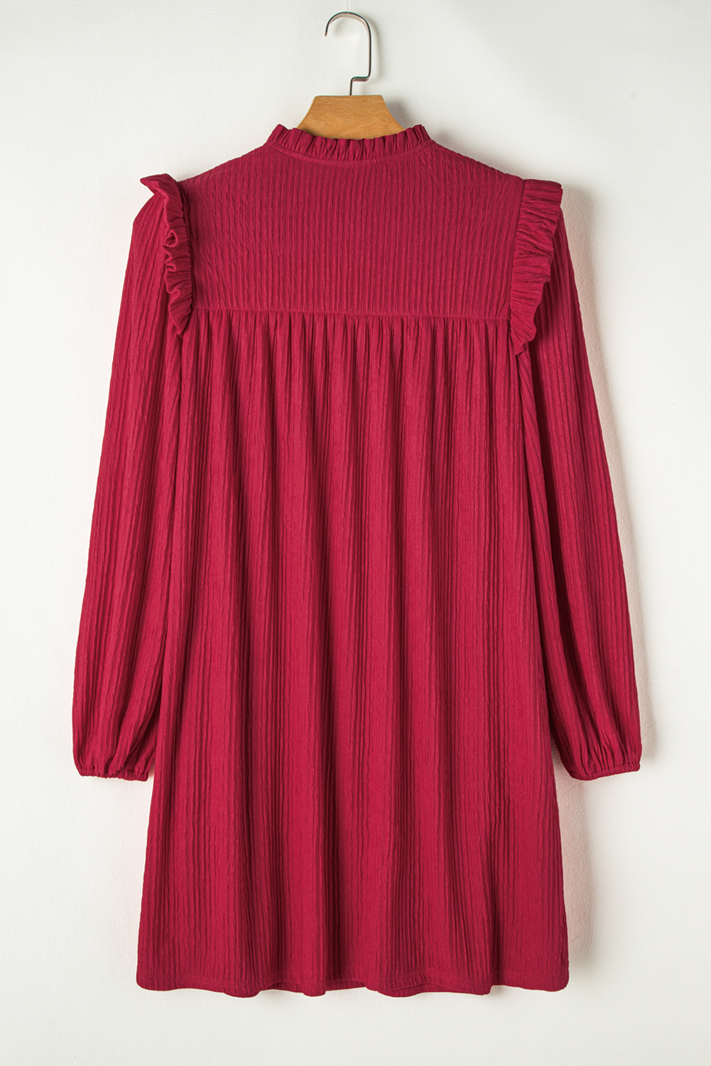 Fiery Red Textured Ruffled Trim V Neck Loose Fit Mini Dress - loveforevers