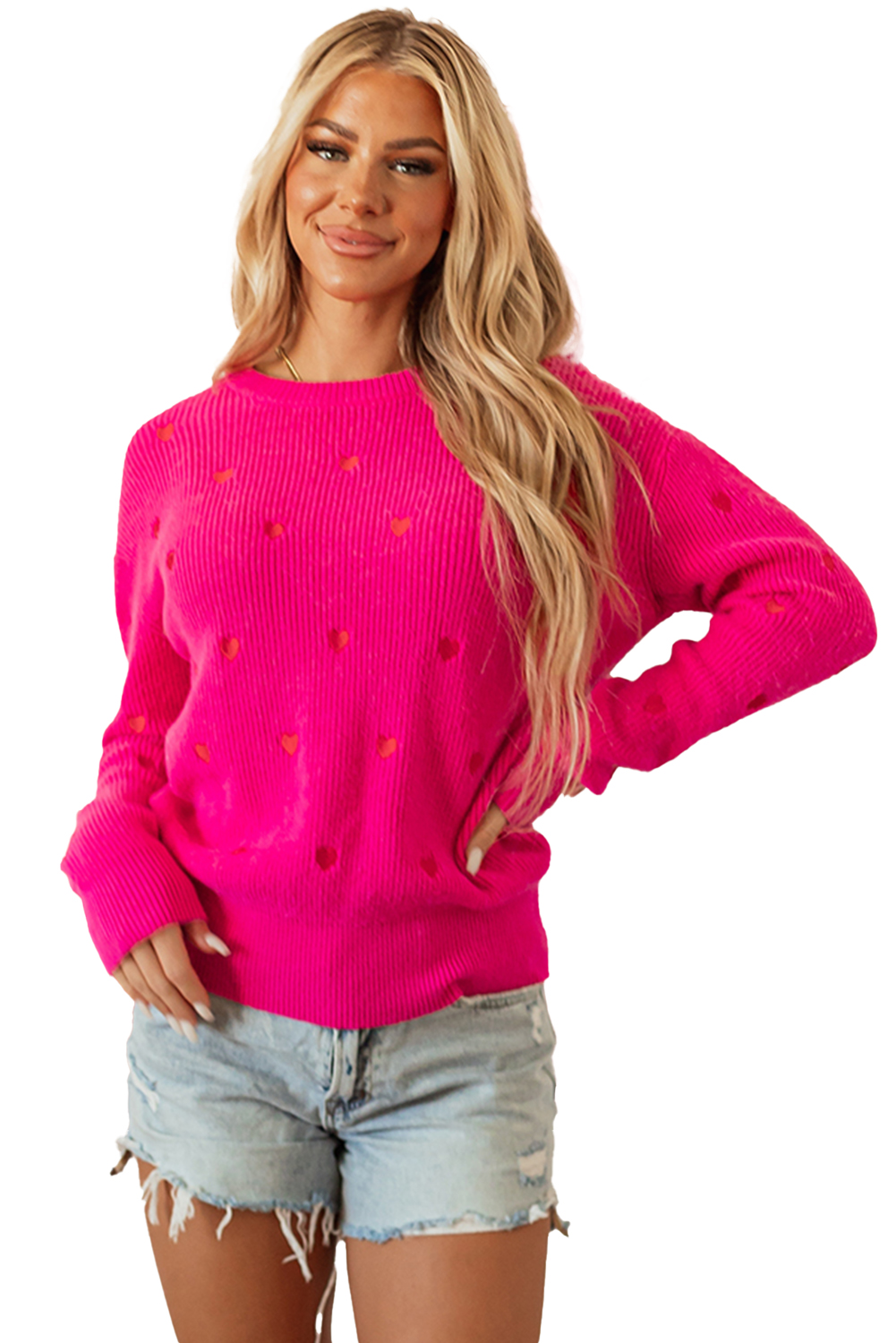 Rose Red Heart Shape Drop Shoulder Round Neck Sweater - loveforevers
