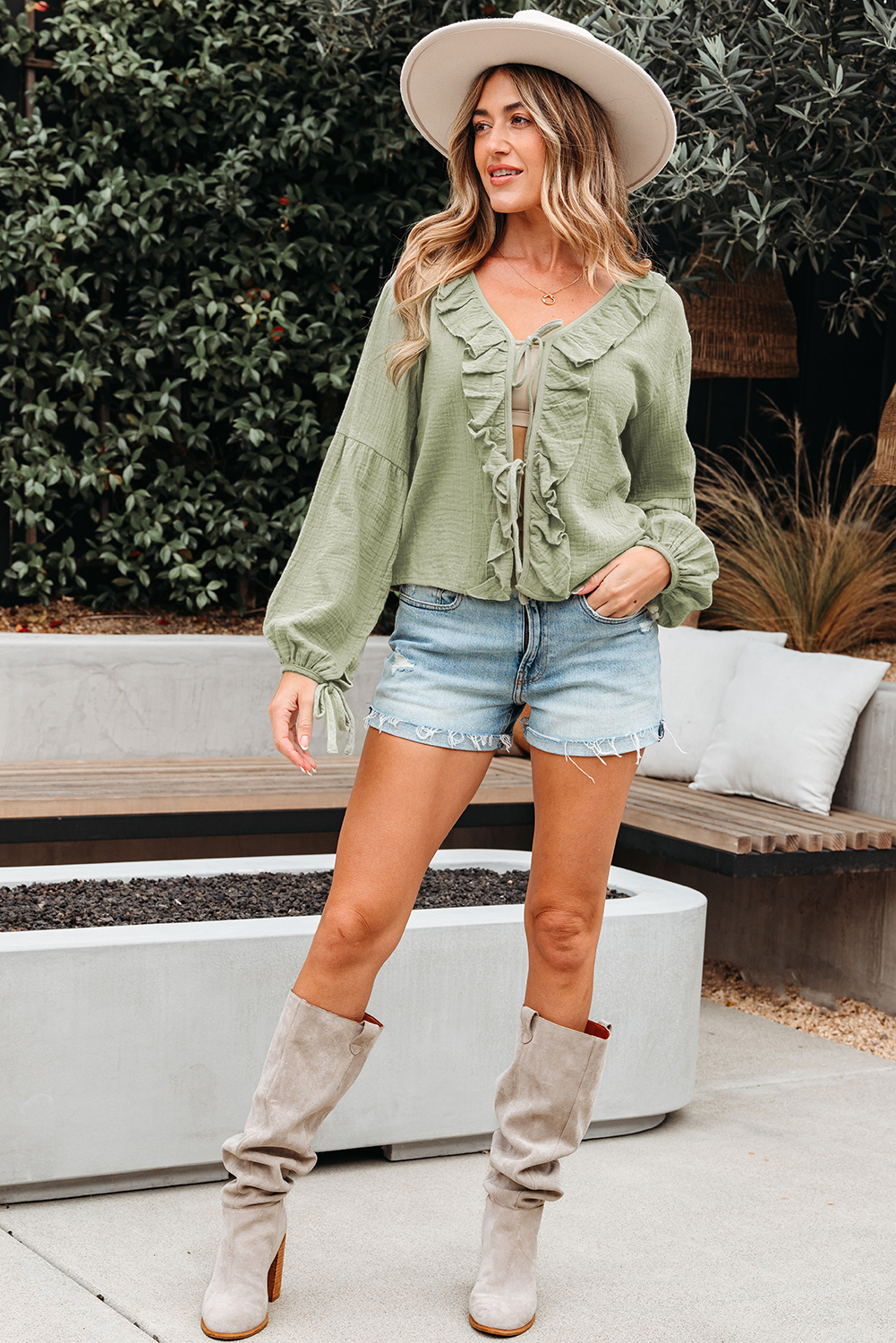 Meadow Mist Green Bow Tie Front Ruffle Trim V Neck Long Sleeve Gauze Blouse - loveforevers
