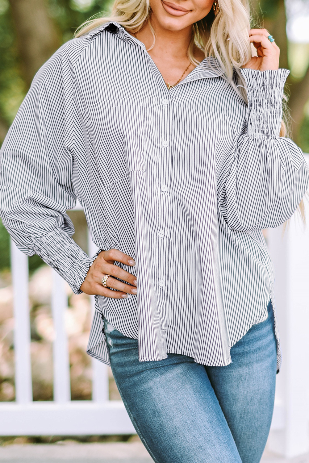 Red Stripe Smocked Cuffed Striped Boyfriend Shirt with Pocket - loveforevers