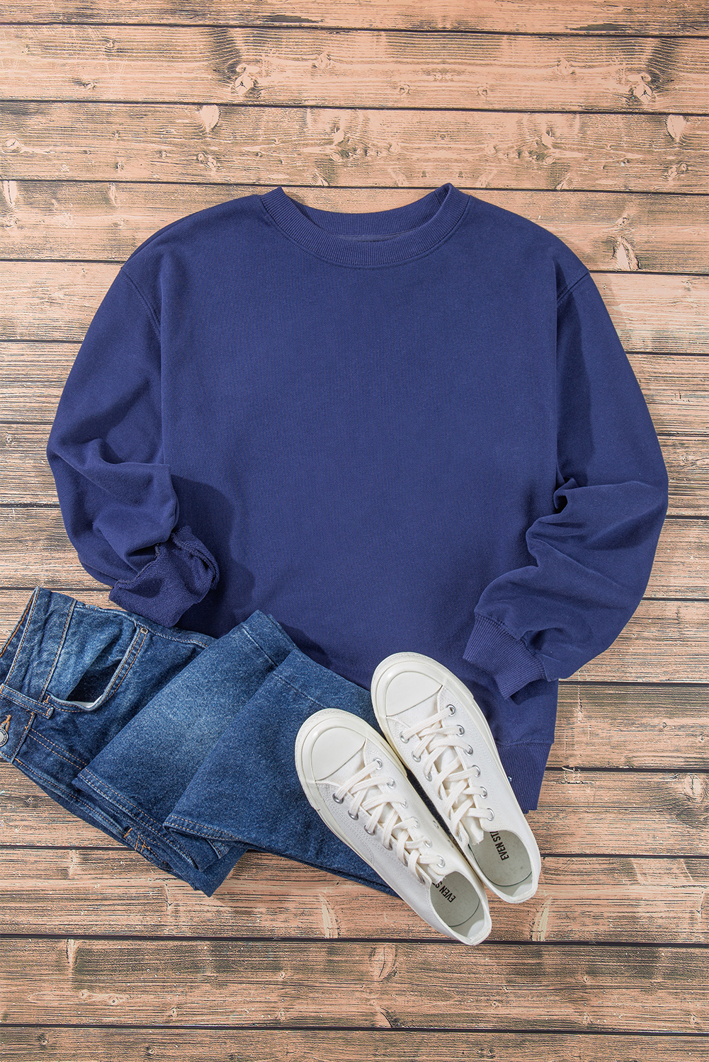 Navy Blue Plain Drop Shoulder Crewneck Pullover Sweatshirt - loveforevers