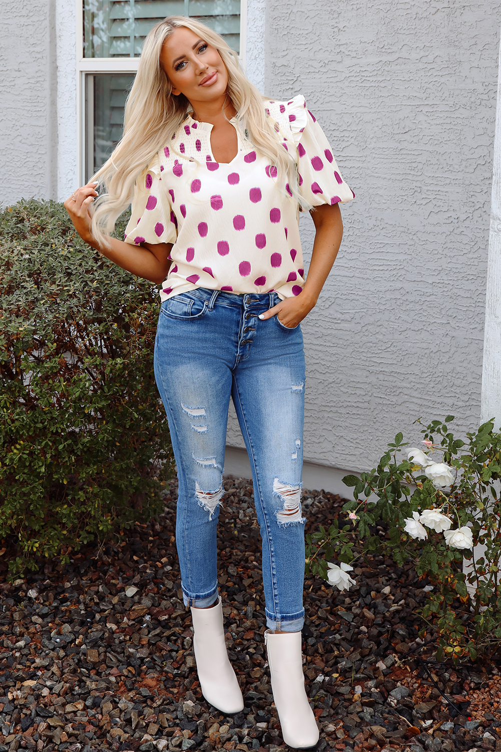 Black Polka Dot Print Shirred Yoke Notched Neck Balloon Sleeve Blouse - loveforevers