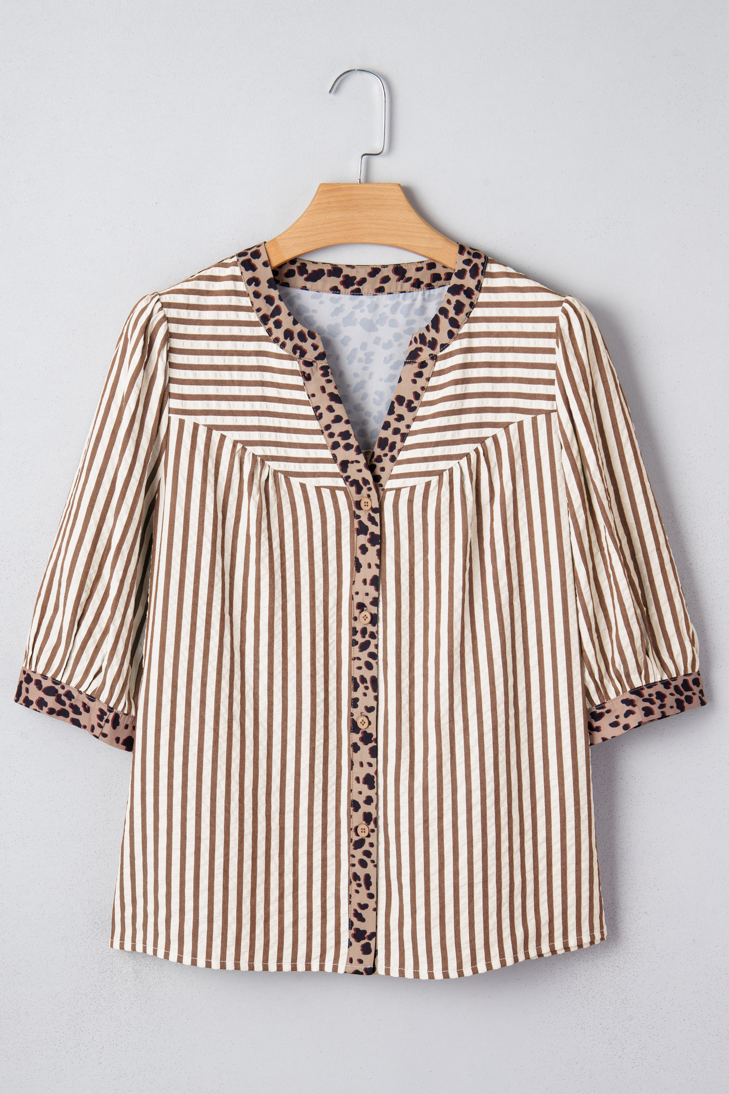 Sky Blue Stripe Leopard Trim V Neck Button Down Half Sleeve Shirt - loveforevers