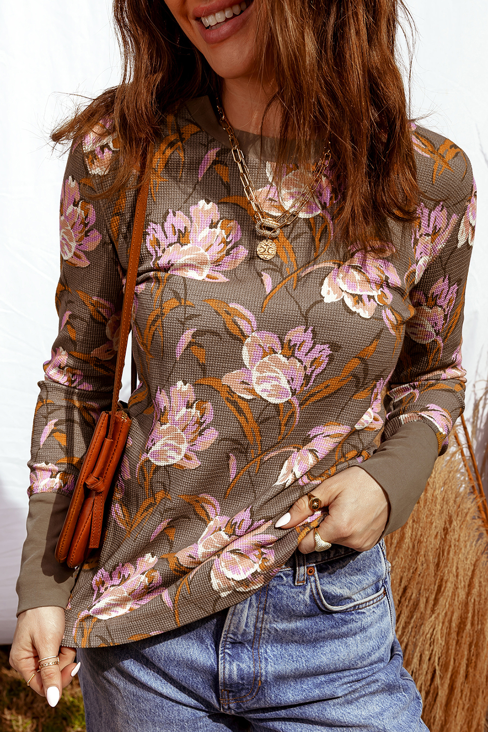 Brown Floral Print Waffle Textured Long Sleeve Top - loveforevers