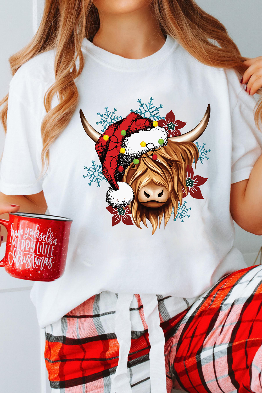 White Christmas Highland Ox Snowflake Print Womens T Shirt - loveforevers