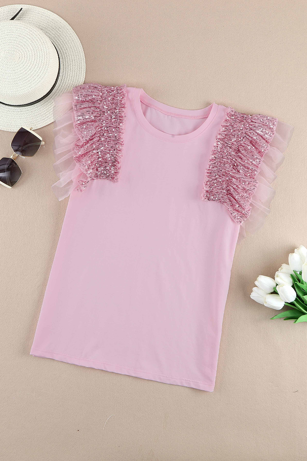 Pink Sequined Ruffle Mesh Sleeves Top - loveforevers