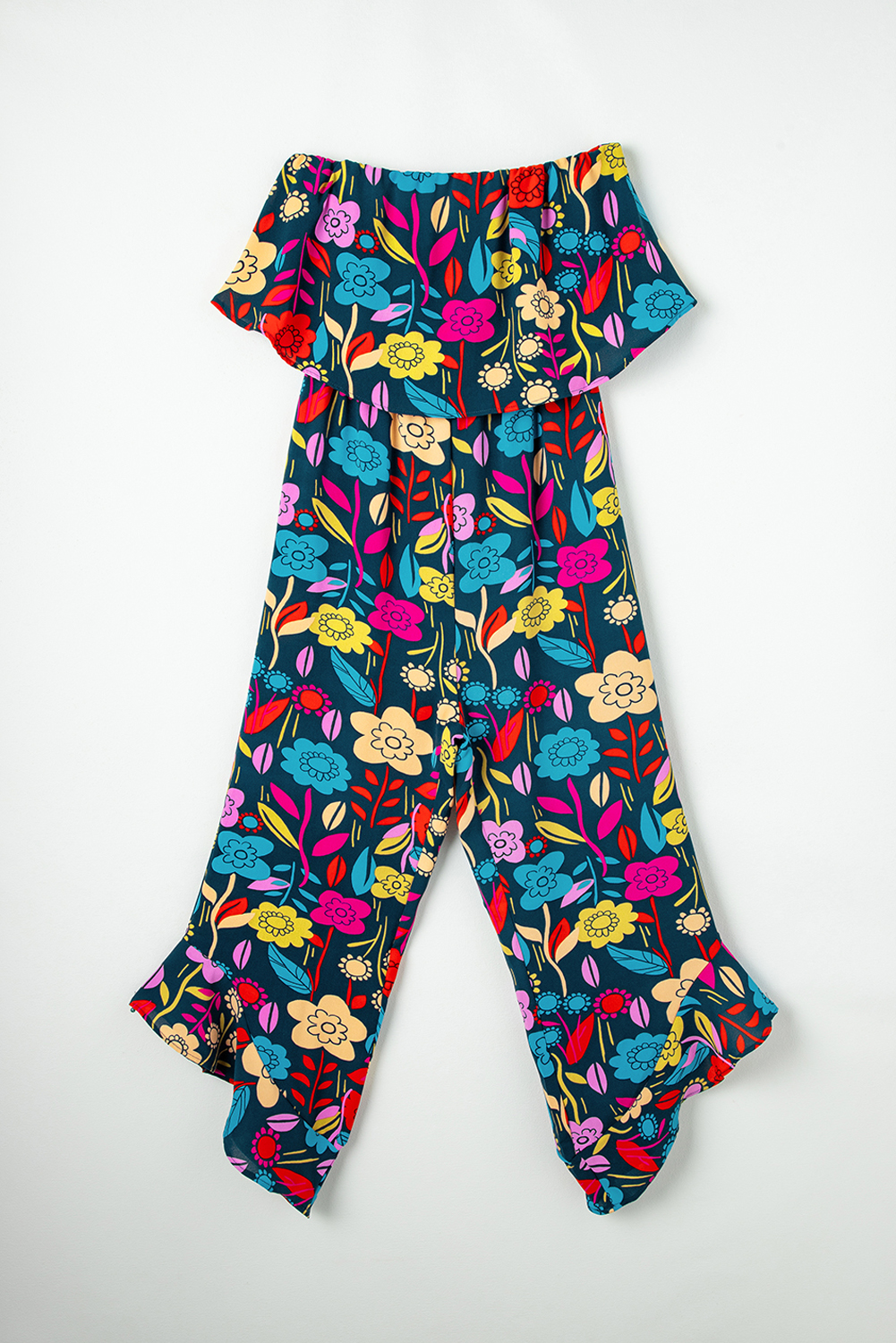 Red Mix Tropical Print Strapless Ruffled Jumpsuit - loveforevers