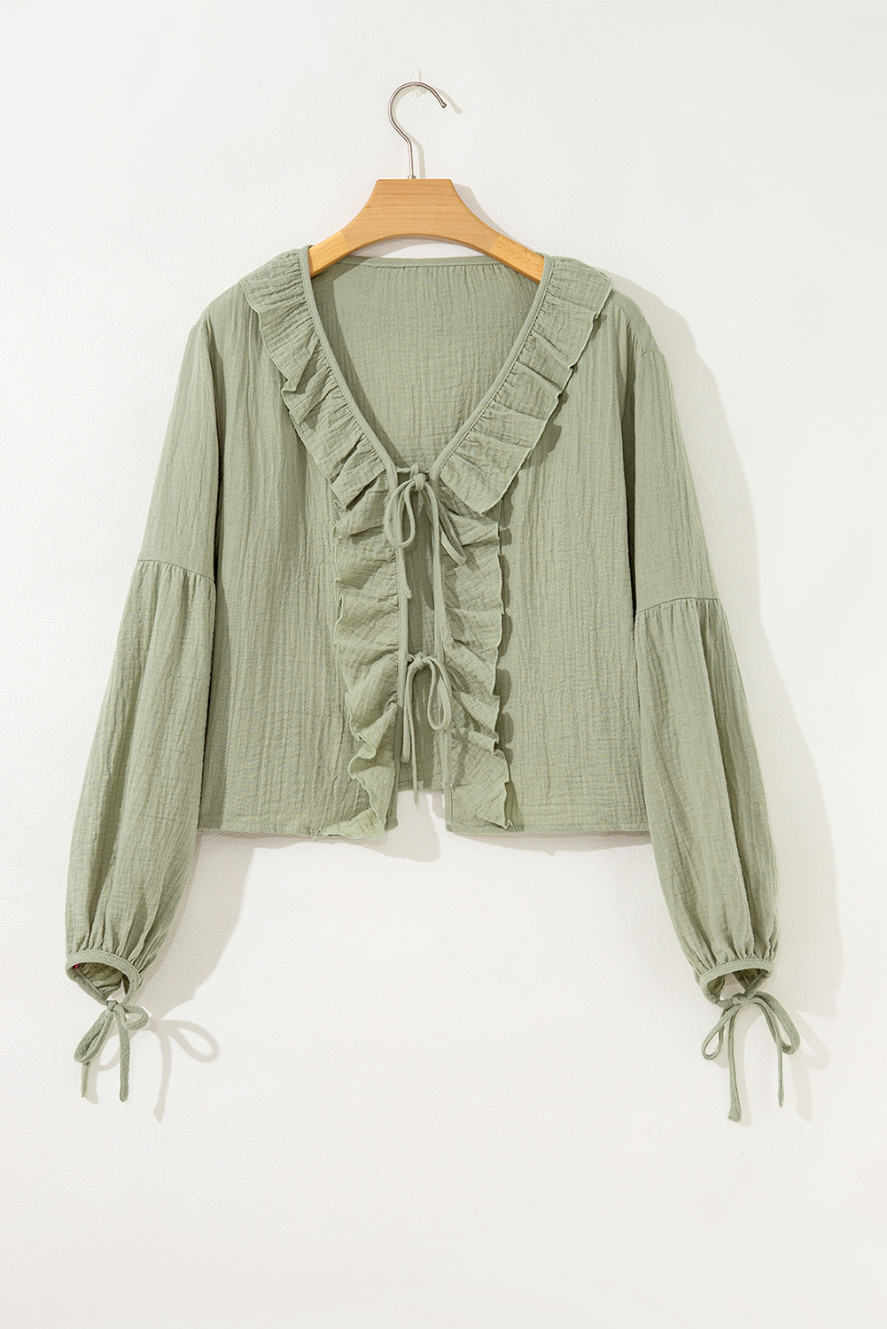 Meadow Mist Green Bow Tie Front Ruffle Trim V Neck Long Sleeve Gauze Blouse - loveforevers