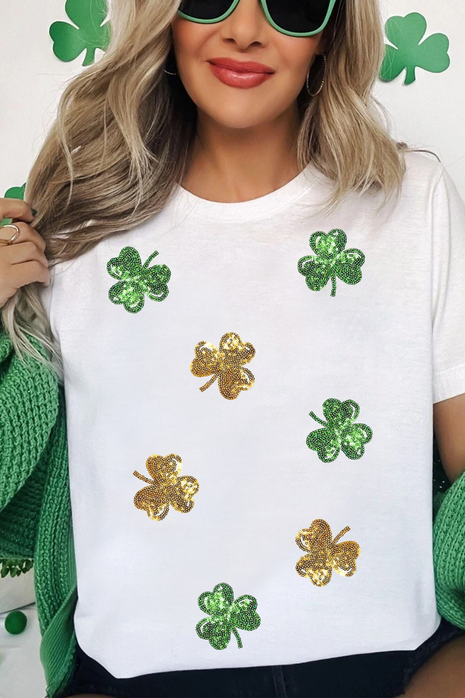 White 2-tone Sequin Clovers St Patricks Day T Shirt - loveforevers
