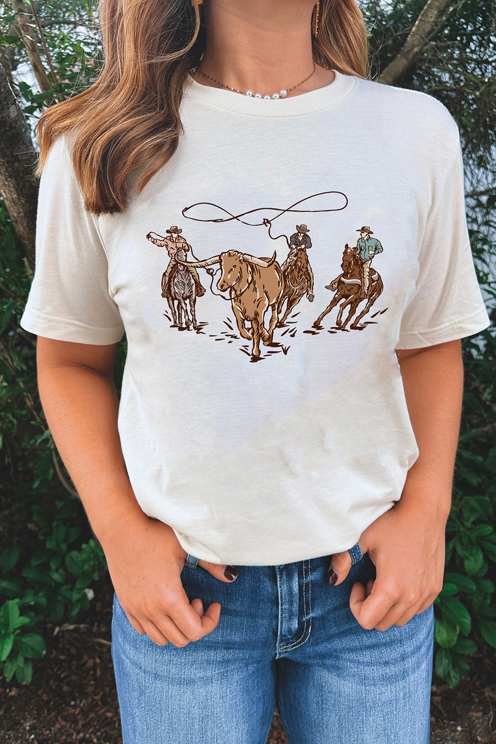 White Retro Cowboy Roping Cotton Blend Graphic Tee - loveforevers