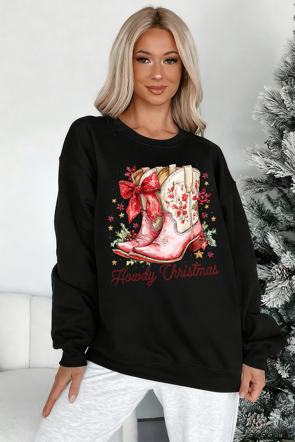 Black Howdy Christmas Cowgirls Boots Printed Baggy Sweatshirt - loveforevers