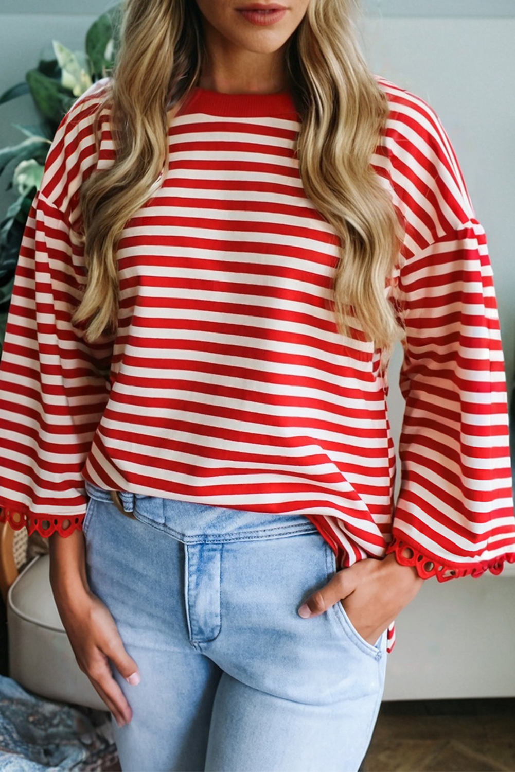 Racing Red Striped Print Drop Shoulder Lace Trim Bracelet Sleeve Loose Top - loveforevers