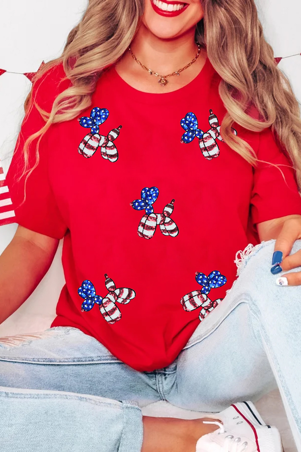 White Sequin Stars and Stripes Balloon Puppy Graphic Crewneck Tee - loveforevers