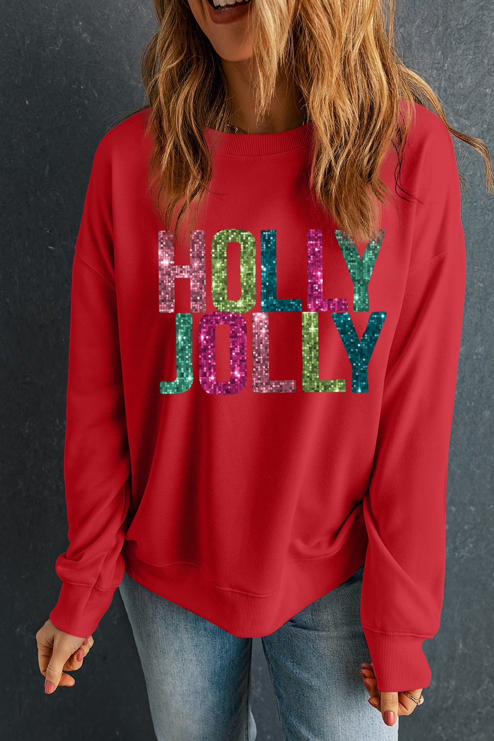 Red Heat Transfer HOLLY JOLLY Printing Christmas Pullover Sweatshirt - loveforevers