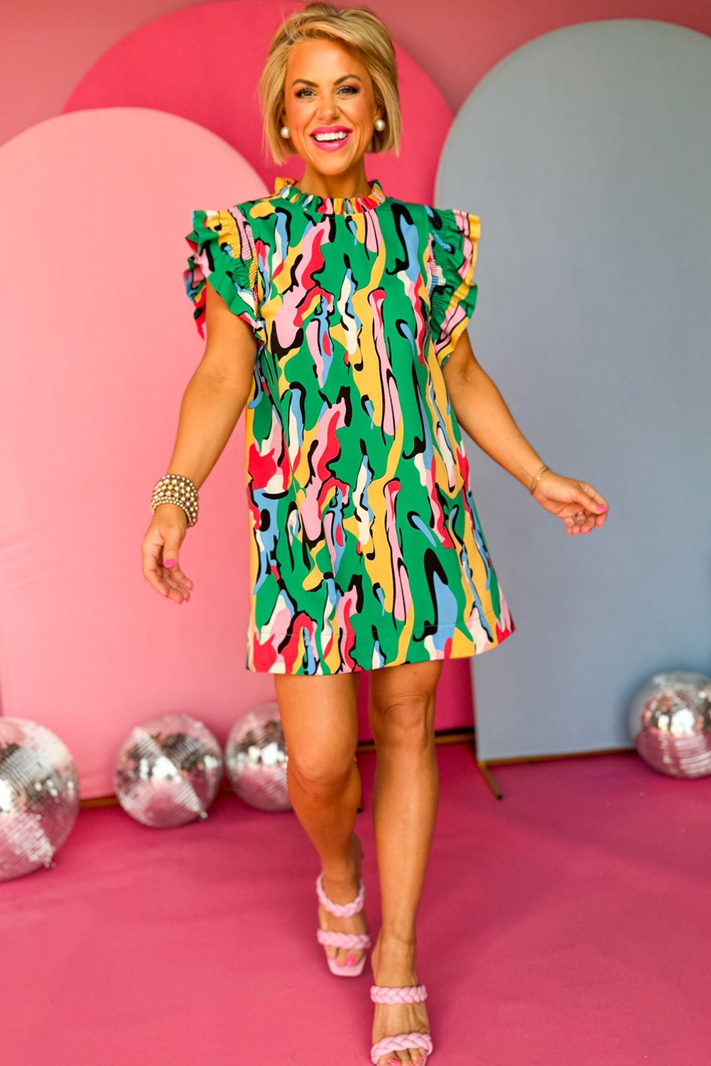 Green Abstract Print Frilled Neck Ruffled Sleeve Mini Dress - loveforevers