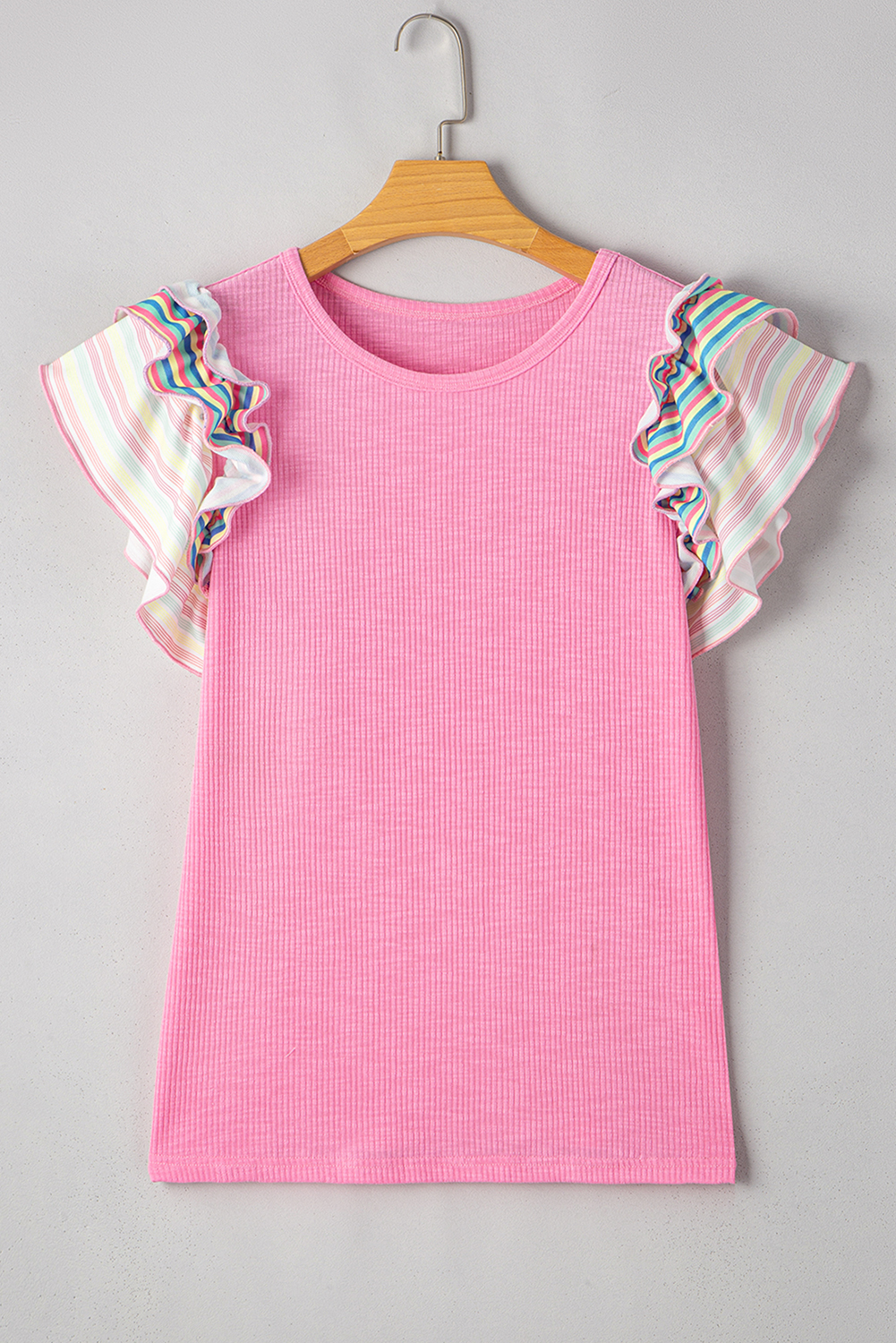 Bonbon Striped Ruffle Flutter Sleeve Ribbed Blouse - loveforevers