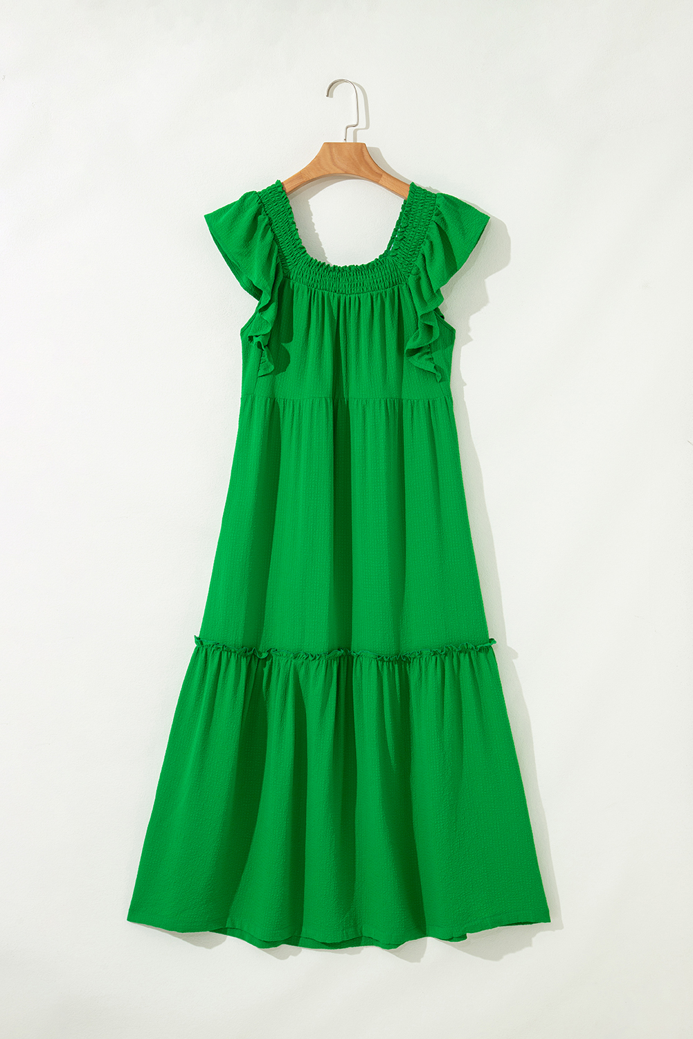 Sky Blue Ruffled Flutter Sleeve Square Neck Textured Tiered Maxi Dress - loveforevers