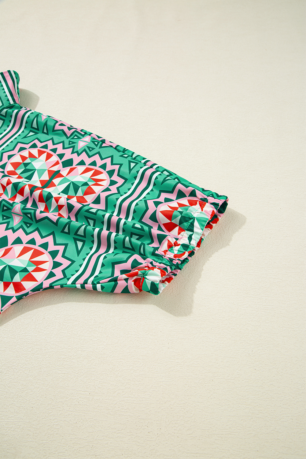 Sea Green Boho Abstract Print Contrast Striped Collared V Neck Blouse - loveforevers