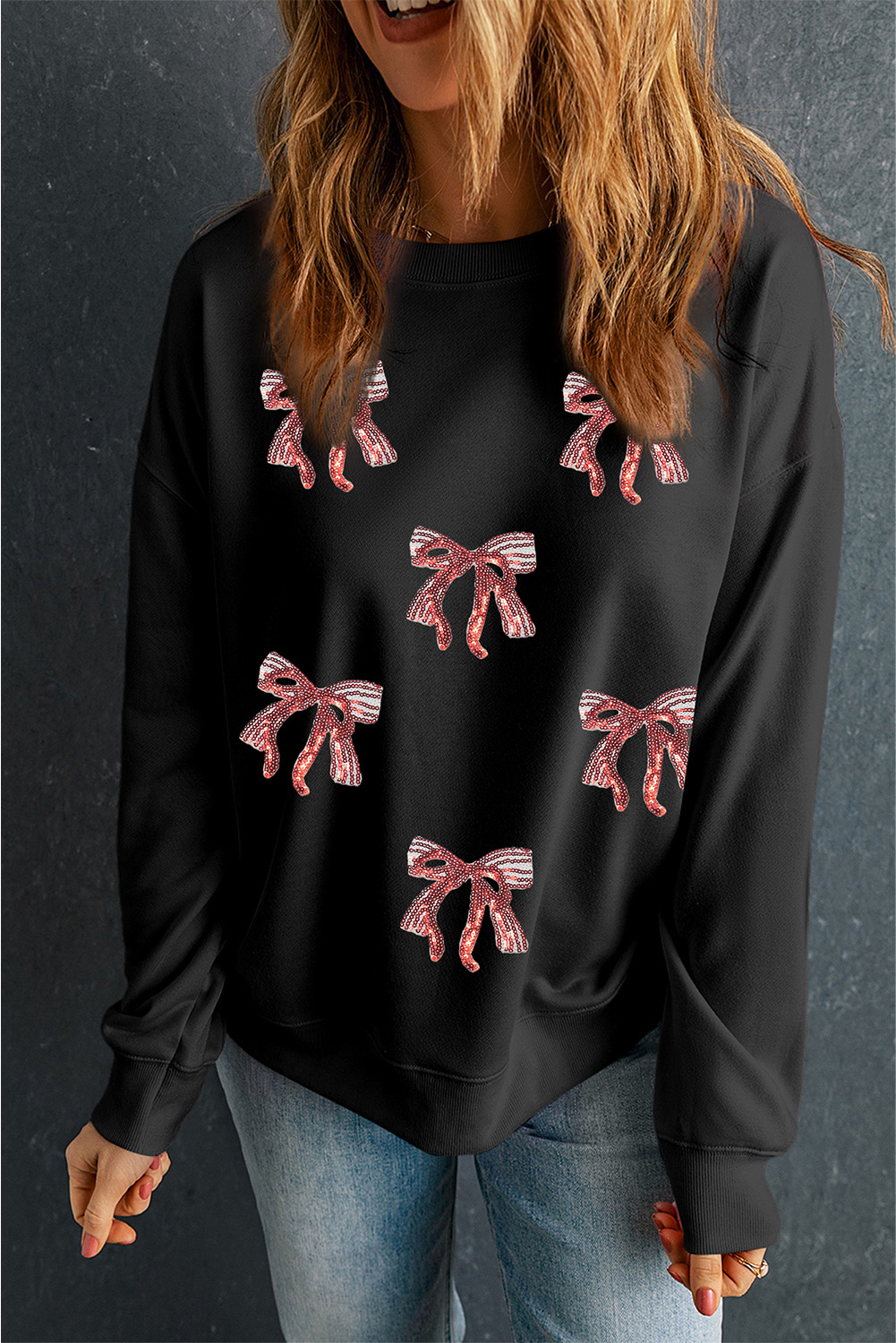 Black Christmas Fashion Sequin Ribbon Bow Patched Drop Shoulder Sweatshirt - loveforevers
