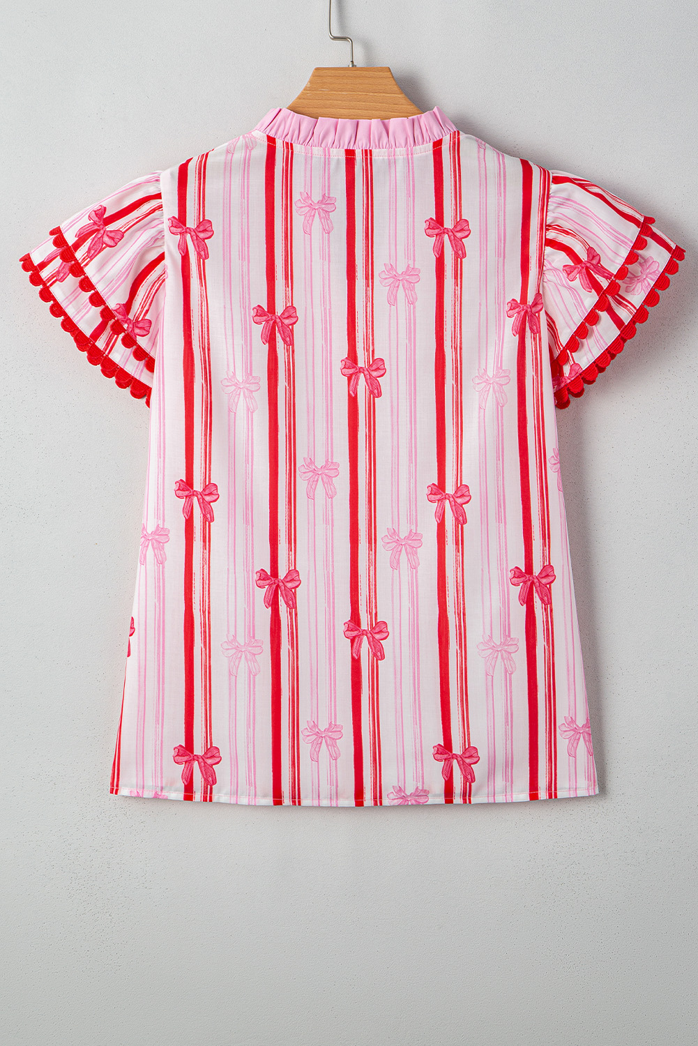Pink Ric-rac Trim Ruffled Sleeve V Neck Bow Striped Printed Blouse - loveforevers