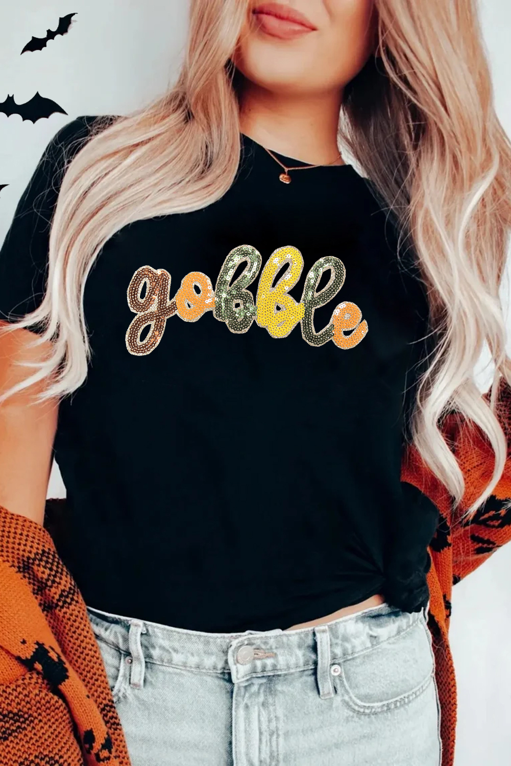Black gobble Sequin Letter Graphic Thanksgiving T Shirt - loveforevers