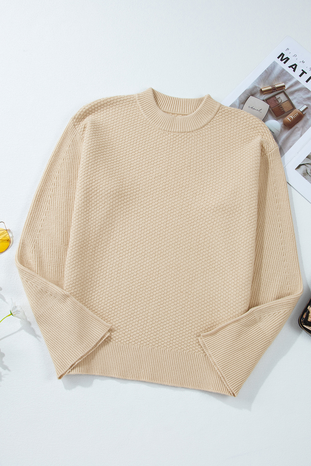 Parchment Solid Textured Knit Split Cuff Drop Shoulder Loose Sweater - loveforevers