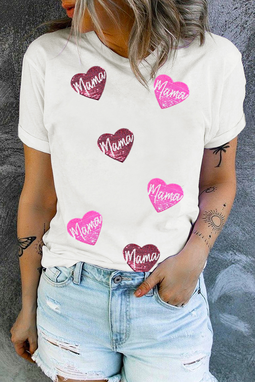 White mama Heart Shape Sequin Patched Crew Neck T Shirt - loveforevers