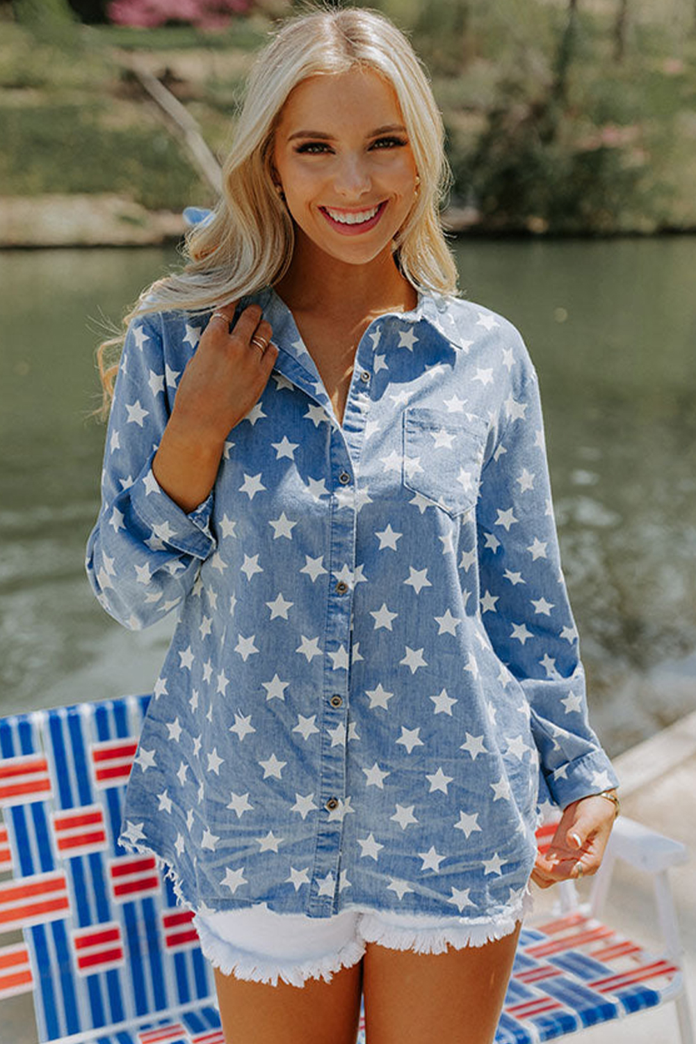 Sky Blue Star Print Light Wash Raw Hem Denim Jacket - loveforevers