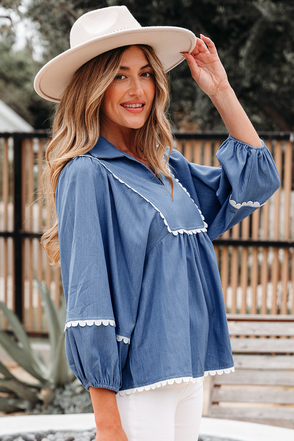 Dusk Blue Lace Ric Rac 3/4 Puff Sleeve Collared Babydoll Blouse - loveforevers
