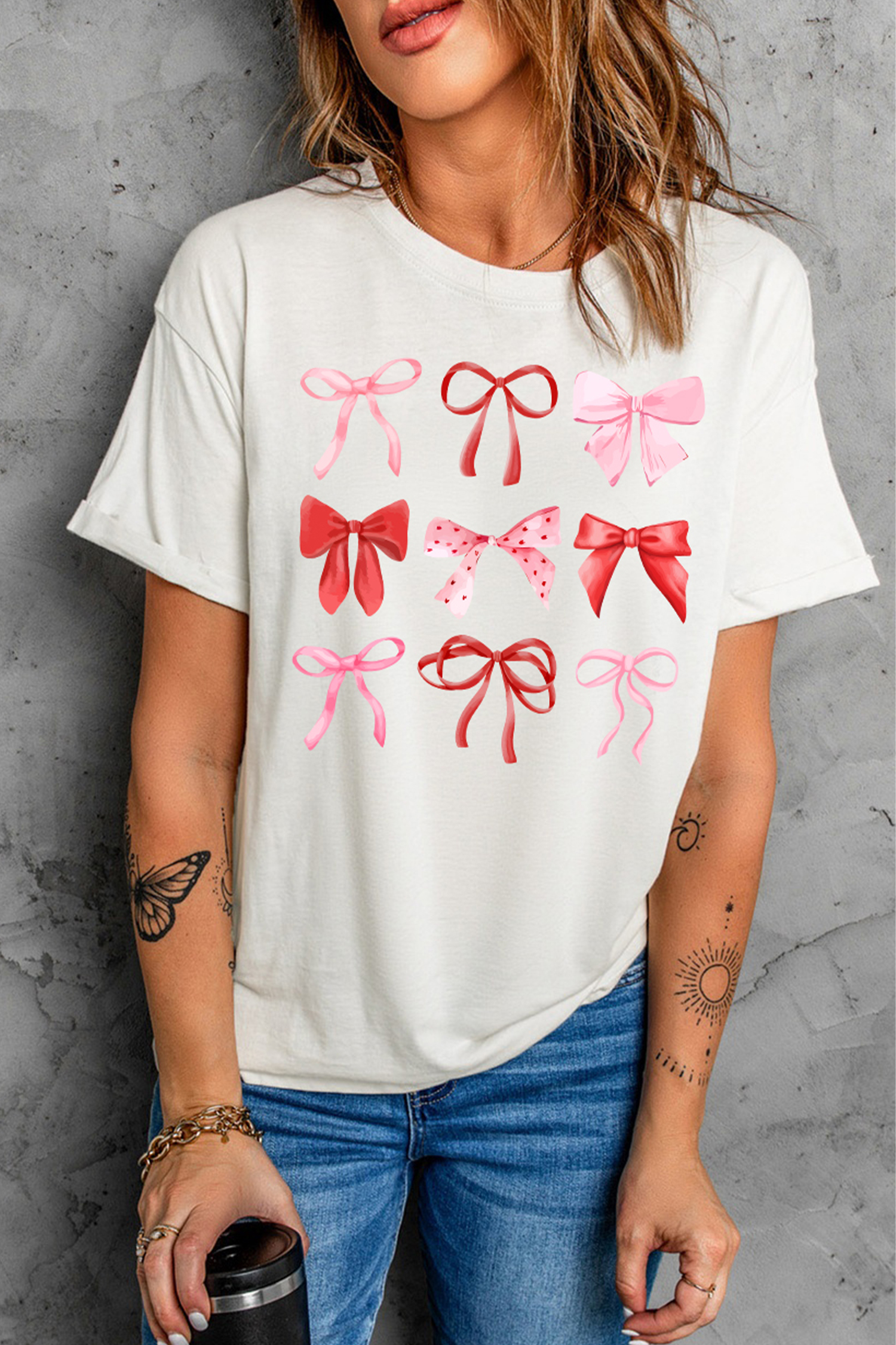White Diverse Bow Printed Valentines Fashion T Shirt - loveforevers