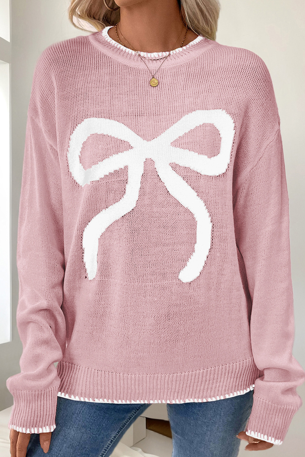 White Bow Pattern Contrast Trim Christmas Loose Graphic Sweater - loveforevers