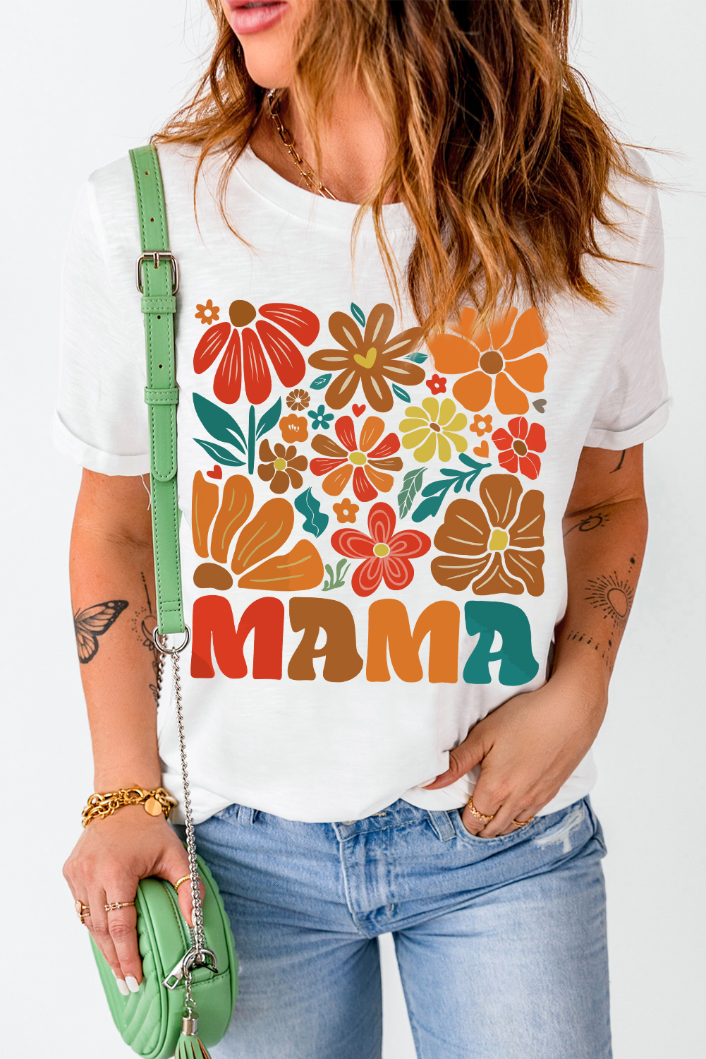 White MAMA Flower Graphic Crewneck Tee - loveforevers