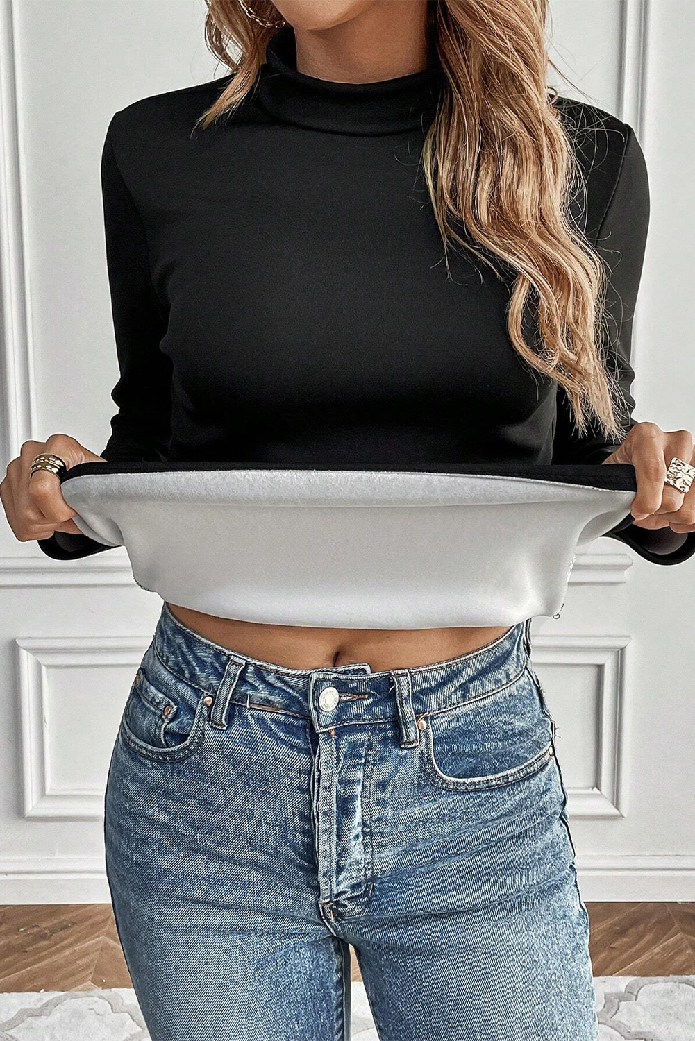 Black Mock Neck Thermal Lined Long Sleeve Tee - loveforevers