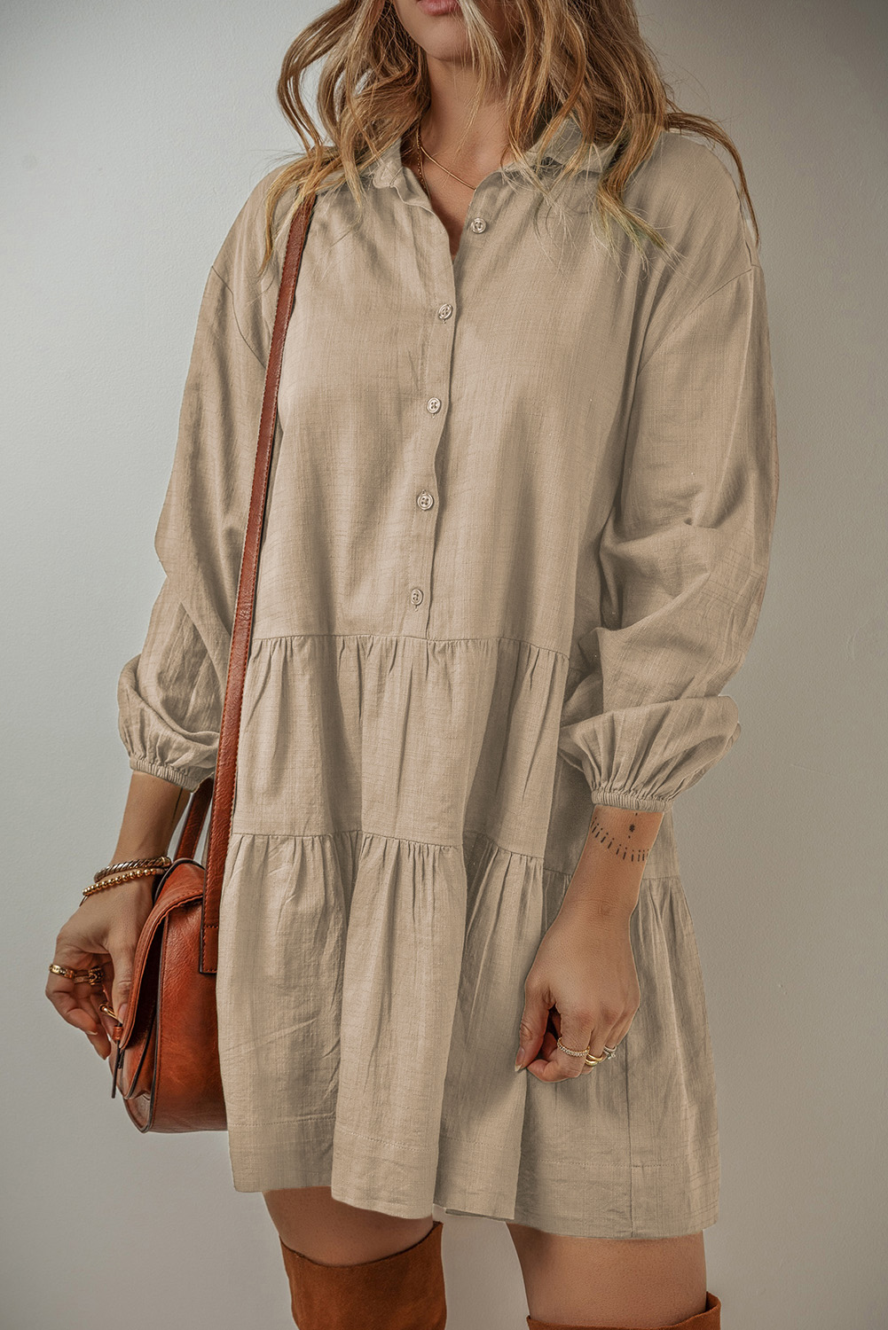 Jungle Green Puff Sleeve Buttoned Tiered Pleated Shirt Mini Dress - loveforevers