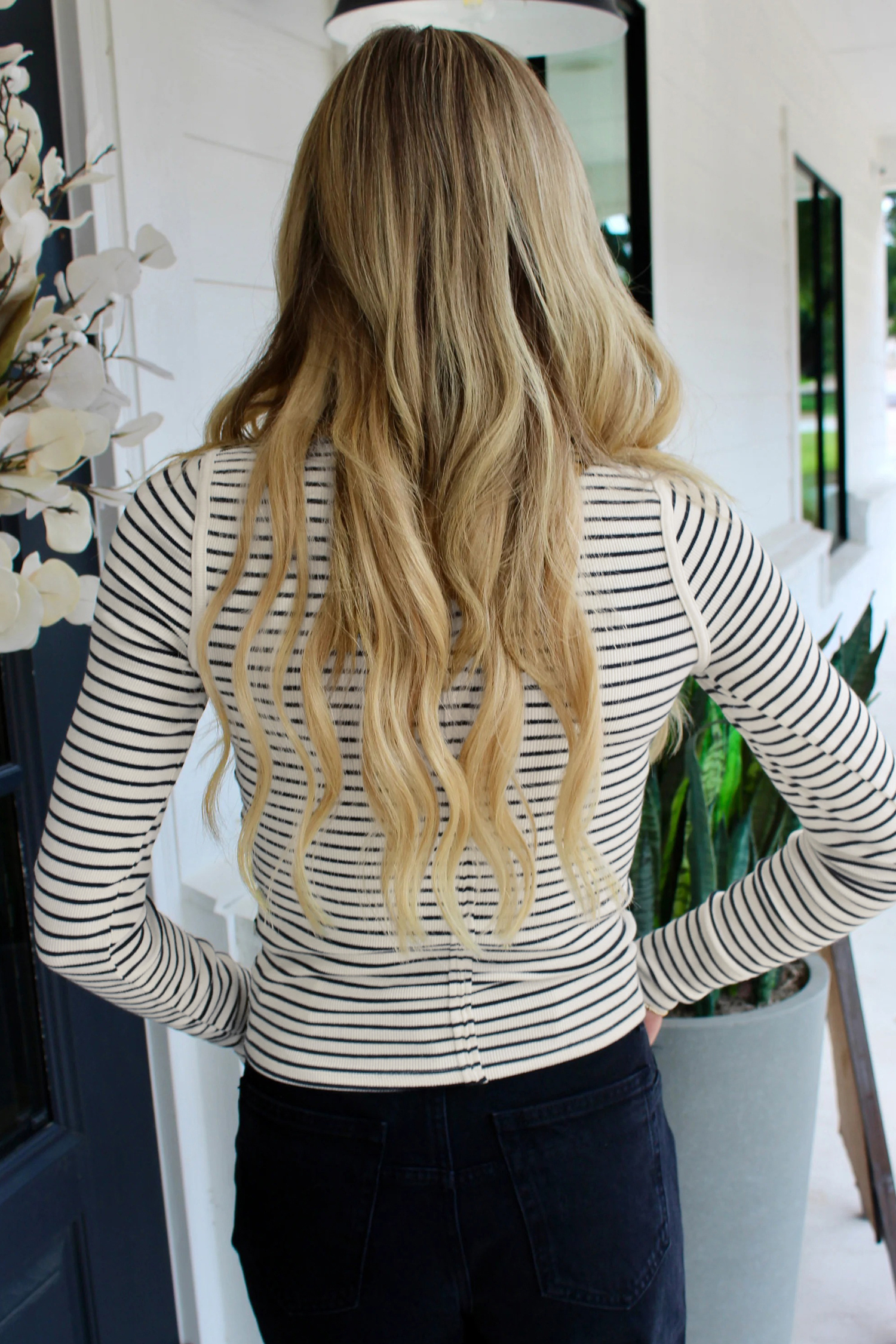 Black Stripe Ribbed Knit Half Button Long Sleeve Slim Top - loveforevers