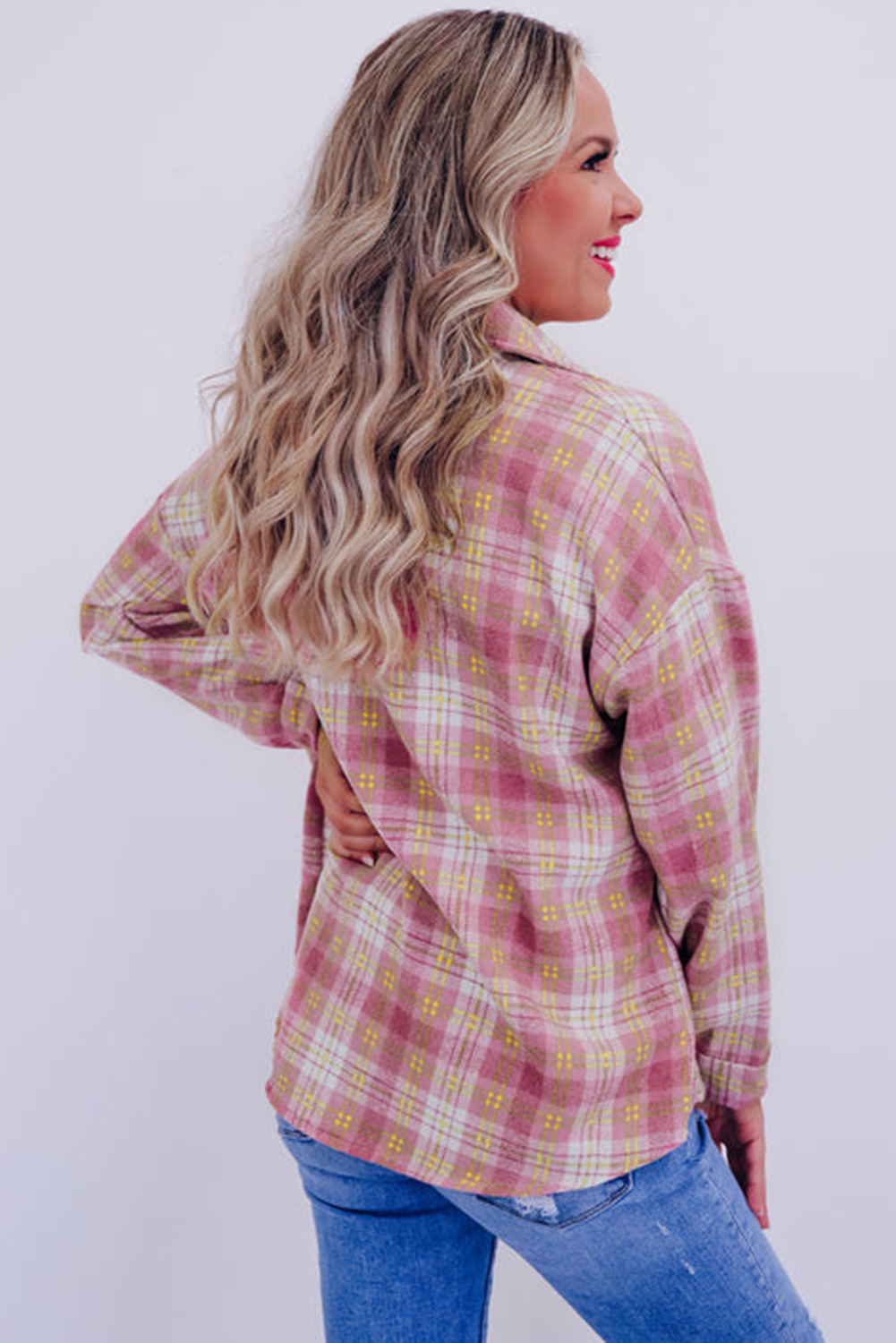 Pink Plaid Print Chest Pocket Long Sleeve Shacket - loveforevers