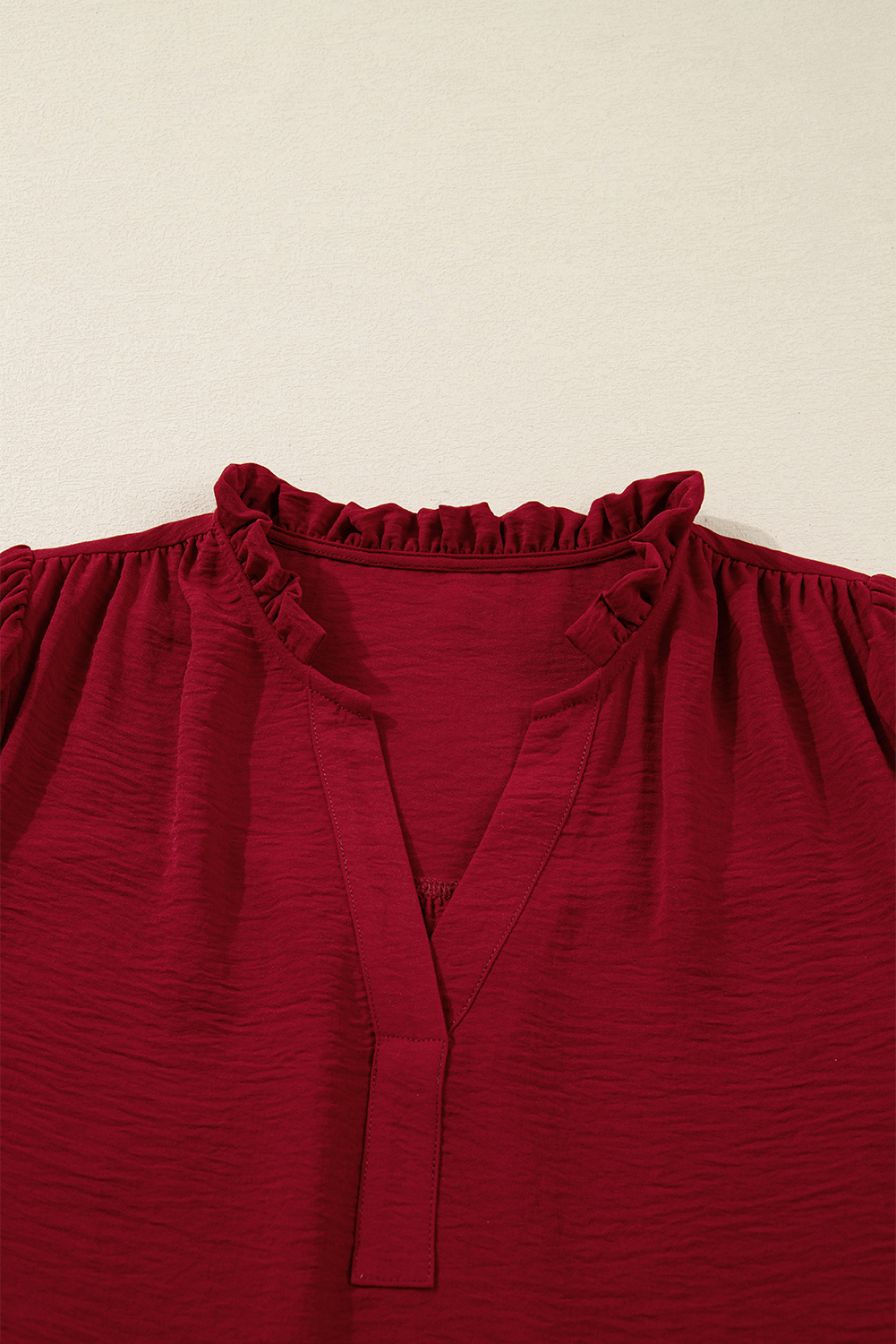 Burgundy Notched Neck Shirred Cuff Long Sleeve Blouse - loveforevers