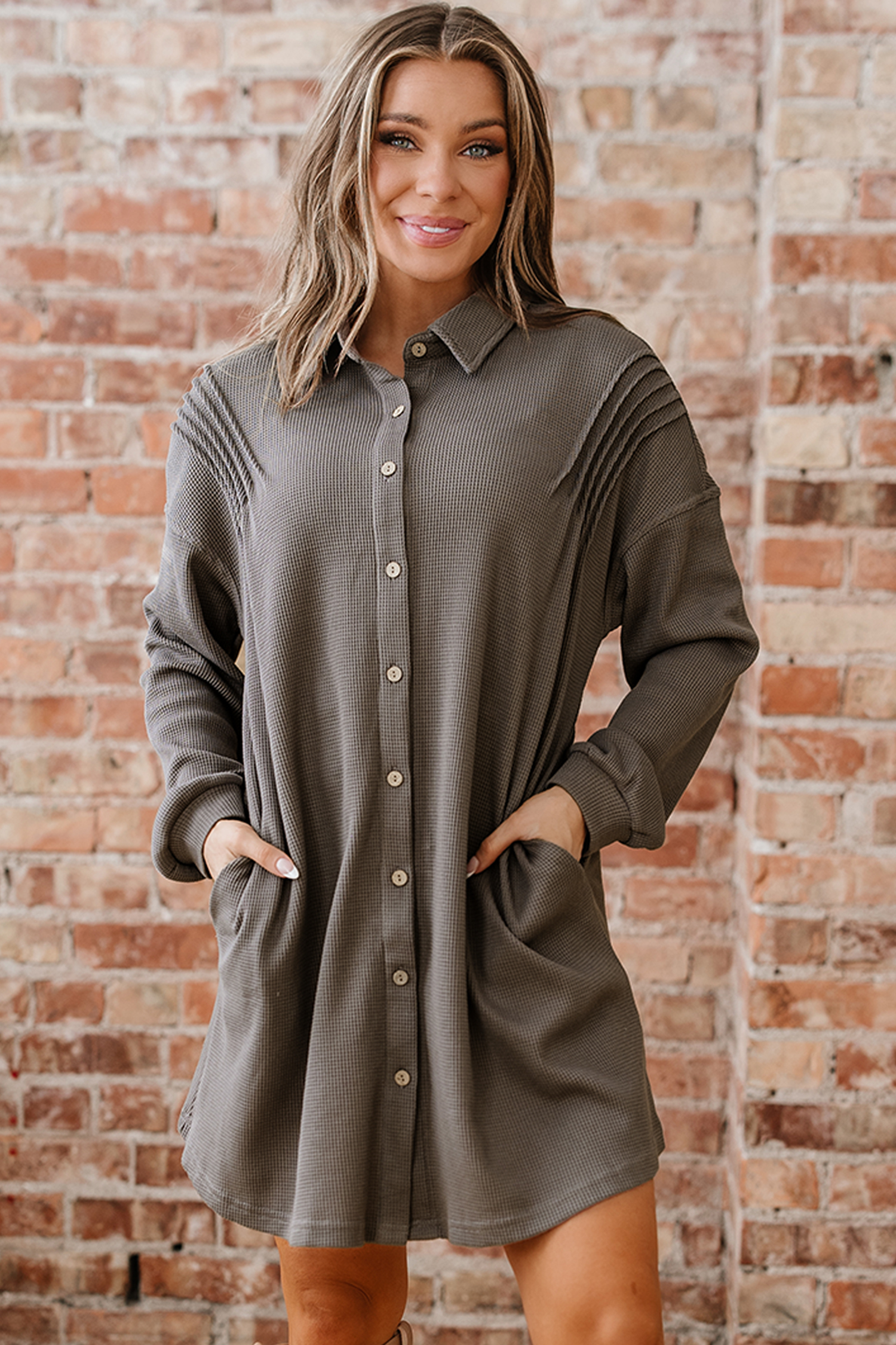 Simply Taupe Waffle Knit Shirt Tunic Dress - loveforevers