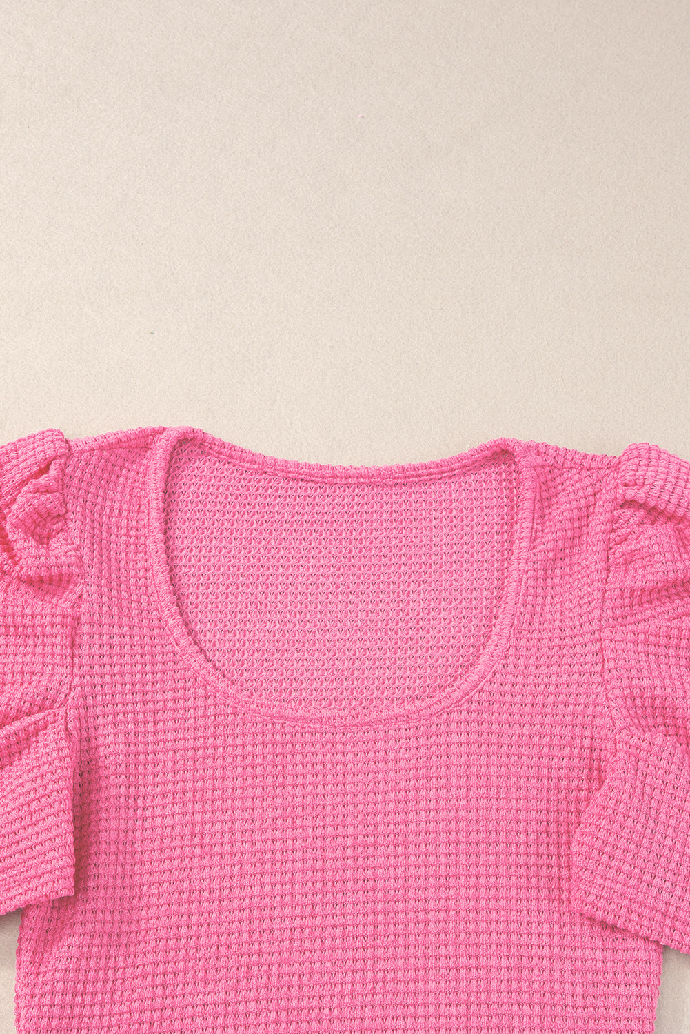 Bright Pink Waffle Knit Ruched Puff Sleeve Top - loveforevers