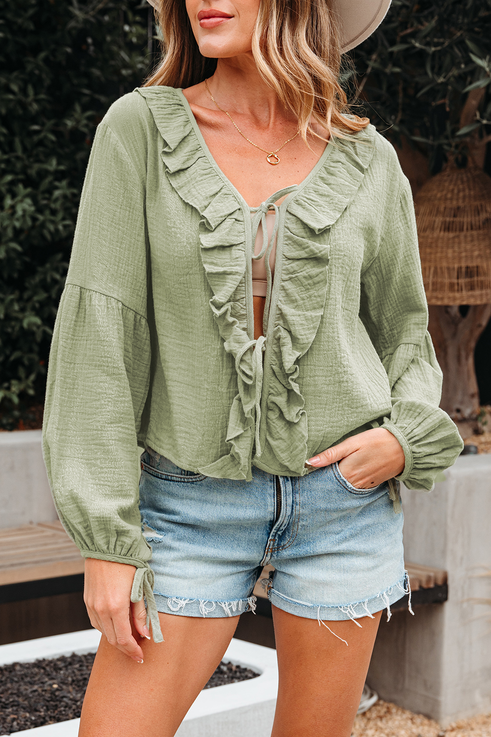 Meadow Mist Green Bow Tie Front Ruffle Trim V Neck Long Sleeve Gauze Blouse - loveforevers